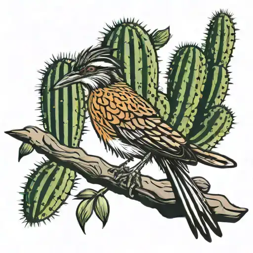 a roadrunner in front of cactus  tattoo design idea