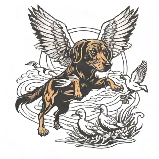 a hunting dog with ducks flying  tattoo design idea