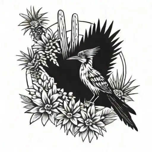 a roadrunner with cactus and yucca plants behind it tattoo design idea