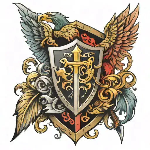 3 valkyries shield and sword tattoo design idea