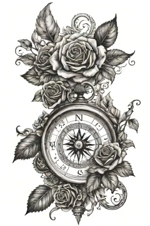 one antique compass surrounded with black roses tattoo design idea