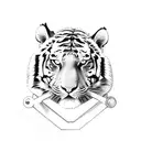 A sketch-style tiger leaping over gym weights tattoo design idea