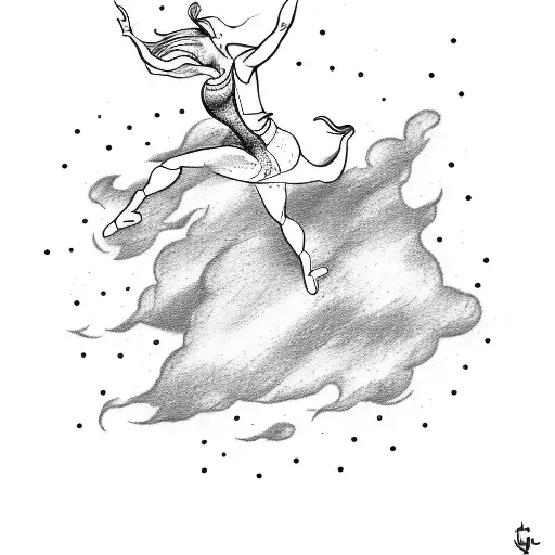 A sketch-style tattoo of a dancer leaping through the air with a trail of clouds behind, symbolizing the client's passion for dancing and movement tattoo design idea