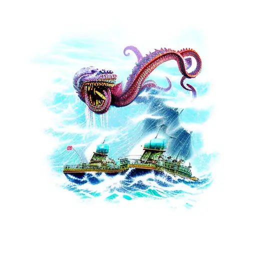 edge of the world, ship falling off edge, include a kraken attacking the ship tattoo design idea