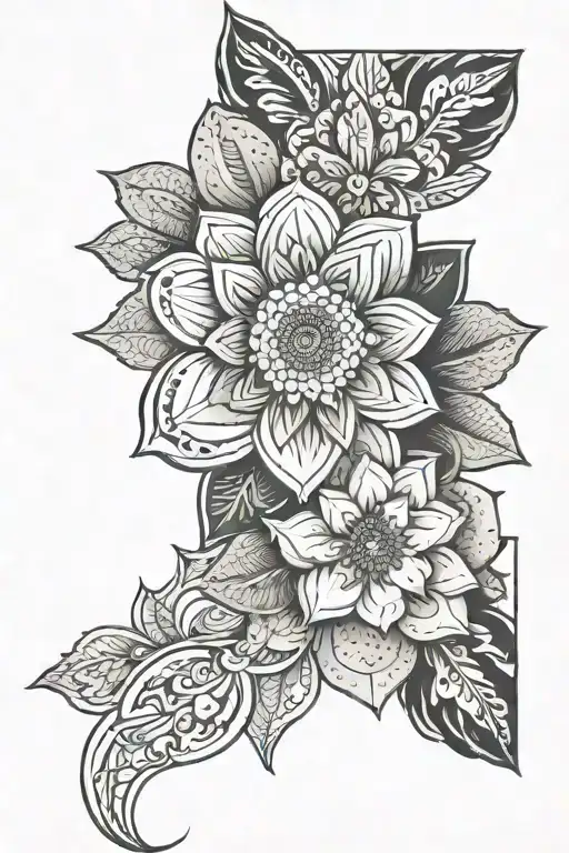 floral mandela style mixed tattoo design idea