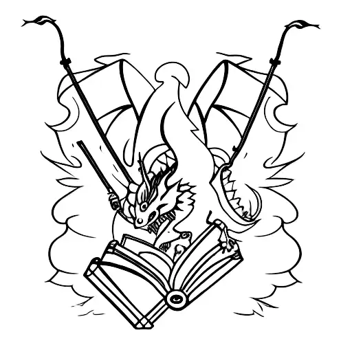 A minimalist tattoo of a dragon reading a book with glasses on tattoo design idea