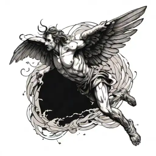 a depiction of the story of icarus and his descent into the ocean after his makeshift-scrap material wings crumbled tattoo design idea