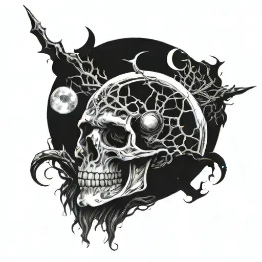 A dark and mysterious moon with a skull and skeleton intertwined, representing the beauty in darkness tattoo design idea