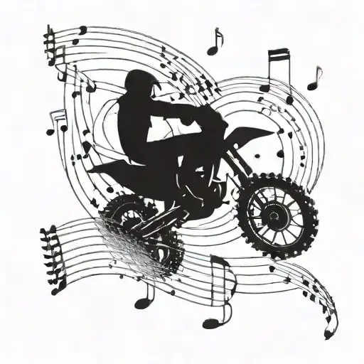 Quad bike jumping over a musical staff with notes forming the shape of a Valorant gun tattoo design idea