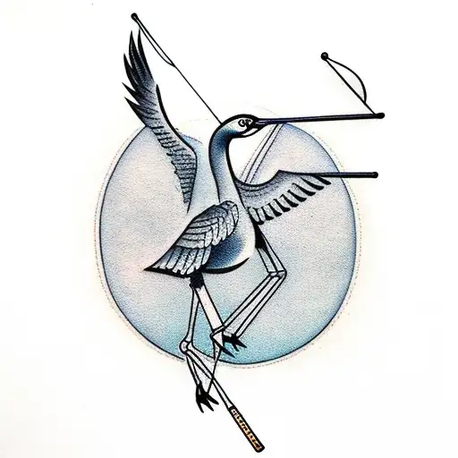crane holding shooting a bow and arrow with its legs  tattoo design idea