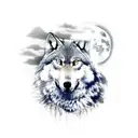 sleeve with a wolf, full moon, raven flying, realistic tattoo design idea
