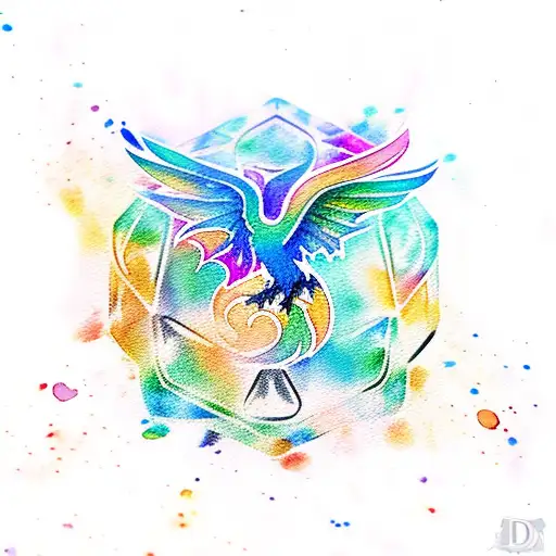 dnd dice with watercolor phoenix above them tattoo design idea