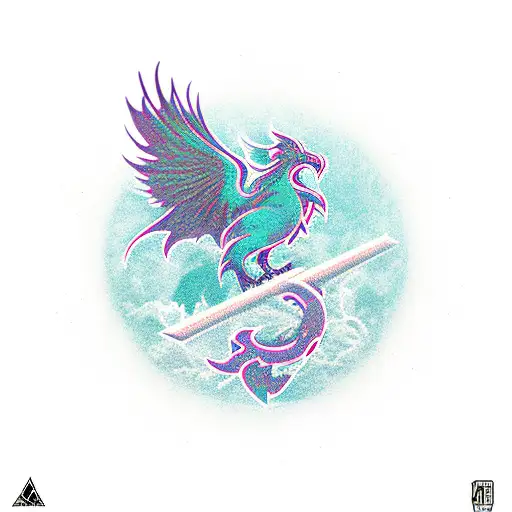 dnd dice  in a vertical row with phoenix behind them tattoo design idea
