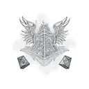 dnd dice  in a vertical row with phoenix above them tattoo design idea