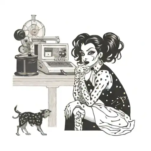 A dotwork tattoo of Cruella de Vil from Disney's 101 Dalmatians in a fashion design studio, surrounded by sewing materials tattoo design idea