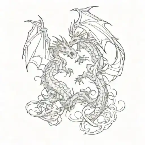 two intertwined dragons flying tattoo design idea