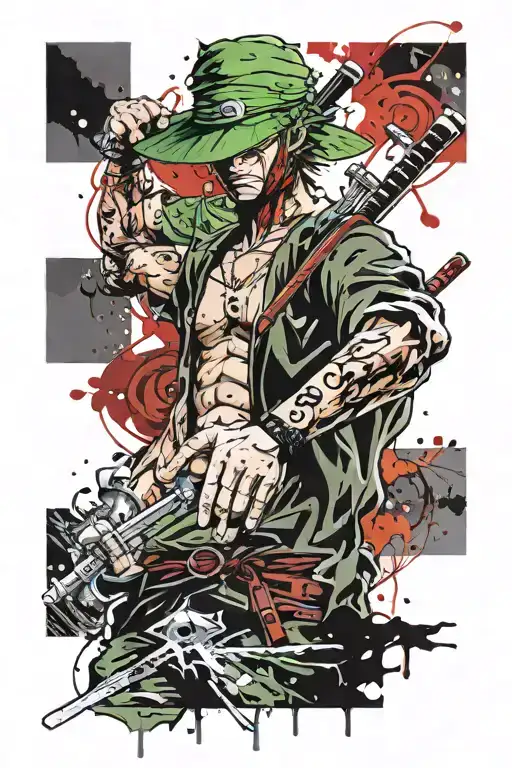 One piece anime zoro trash polka style tattoo design idea