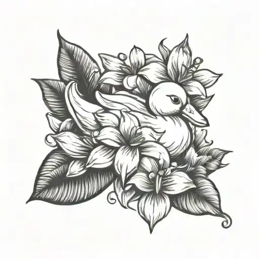 rubber duck flower large black leaves tattoo design idea