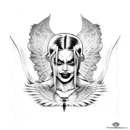 Harley Quinn body with scary demon face and Angel wings  tattoo design idea