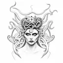 queen of all playing cards with Medusa head mixed with demon face and Angel wings  tattoo design idea