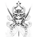 queen of all playing cards with Medusa head mixed with demon face and Angel wings  tattoo design idea