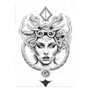 queen of all playing cards with Medusa head mixed with demon face and Angel wings  tattoo design idea