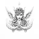 queen of all playing cards with Medusa head mixed with demon face and Angel wings  tattoo design idea