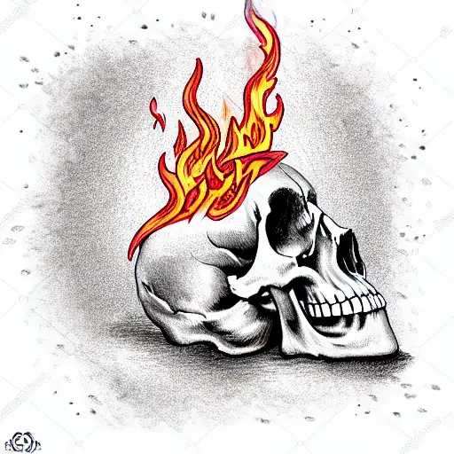 skeleton meditating on skulls with flame background tattoo design idea