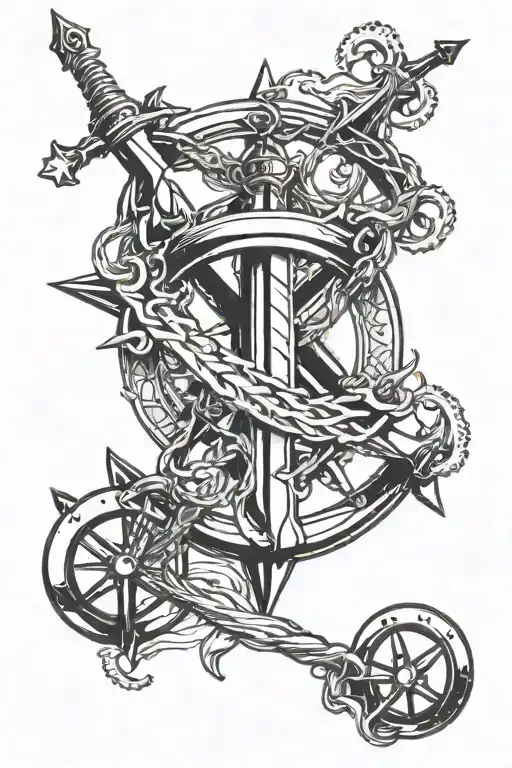 trident with ships wheel intertwined tattoo design idea