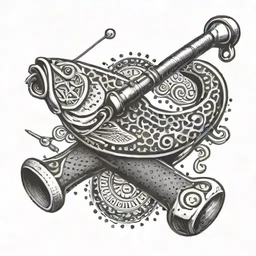 A fishing lure with a carpenter's hammer and saw intertwined, representing the client's love for both fishing and carpentry tattoo design idea