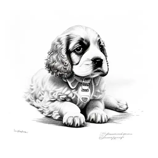 Puppy of english cocker spaniel is sitting in the little busket and watching on a lest side. tattoo design idea
