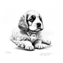 Puppy of english cocker spaniel is sitting in the little busket and watching on a lest side. tattoo design idea
