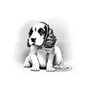Puppy of english cocker spaniel is sitting in the little busket and watching on a lest side. tattoo design idea