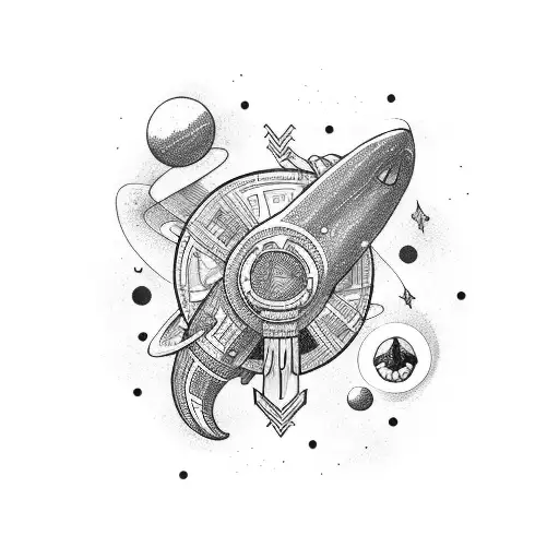 A spaceship shaped like a dog bone flying through a galaxy tattoo design idea