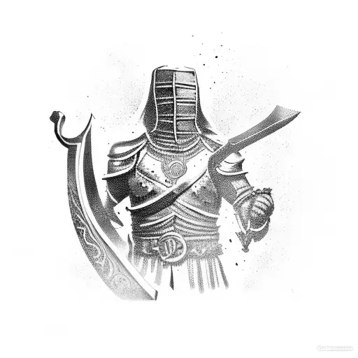 warrior kneeling infront of a sword with banner and a date tattoo design idea