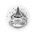 A magical bookshelf with Harry Potter books and a cup of coffee on top tattoo design idea