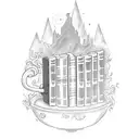 A magical bookshelf with Harry Potter books and a cup of coffee on top tattoo design idea