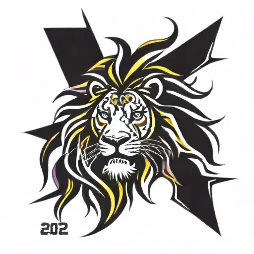 A tribal lion design incorporating your daughter's birthdate 8-10-2002, with a color scheme of yellows, browns, blacks, pops of purple, and red tattoo design idea