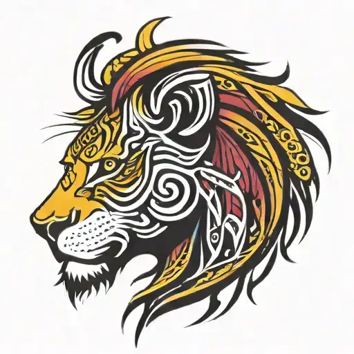 A tribal lion design incorporating your daughter's birthdate 8-10-2002, with a color scheme of yellows, browns, blacks, pops of purple, and red tattoo design idea