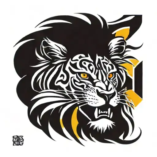 A tribal lion design incorporating your daughter's birthdate 8-10-2002, with a color scheme of yellows, browns, blacks, pops of purple, and red tattoo design idea