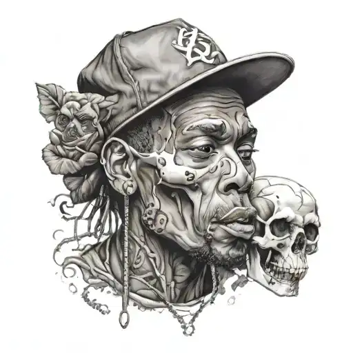 A realistic portrait of a famous hip-hop artist with a pet skull incorporated into the design tattoo design idea