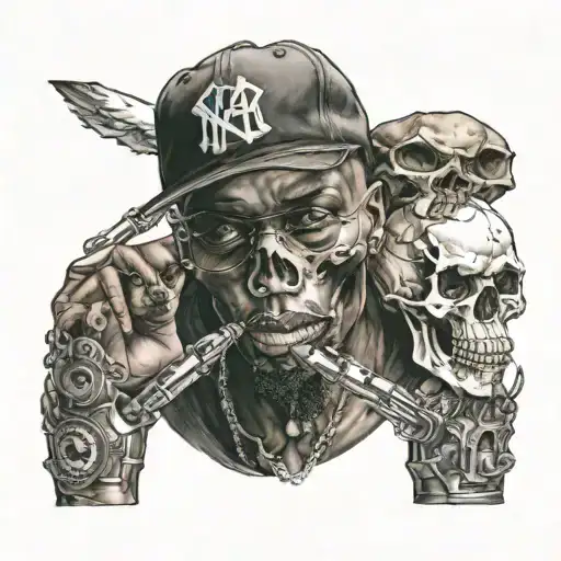 A realistic portrait of a famous hip-hop artist with a pet skull incorporated into the design tattoo design idea