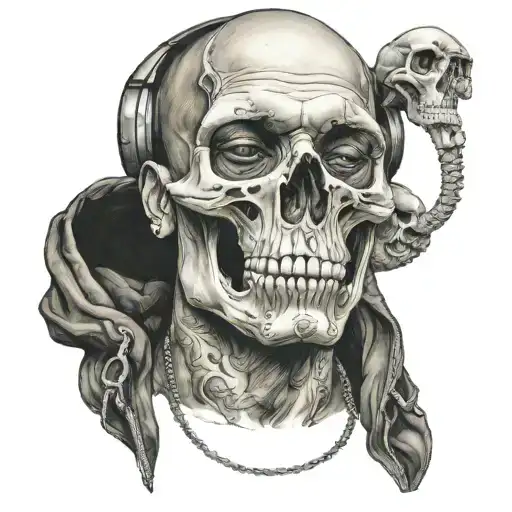 A realistic portrait of a famous hip-hop artist with a pet skull incorporated into the design tattoo design idea