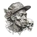 A realistic portrait of a famous hip-hop artist with a pet skull incorporated into the design tattoo design idea