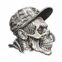 A realistic portrait of a famous hip-hop artist with a pet skull incorporated into the design tattoo design idea