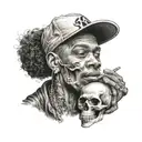A realistic portrait of a famous hip-hop artist with a pet skull incorporated into the design tattoo design idea