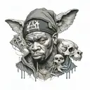 A realistic portrait of a famous hip-hop artist with a pet skull incorporated into the design tattoo design idea