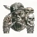 A realistic portrait of a famous hip-hop artist with a pet skull incorporated into the design tattoo design idea