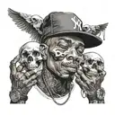 A realistic portrait of a famous hip-hop artist with a pet skull incorporated into the design tattoo design idea