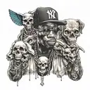 A realistic portrait of a famous hip-hop artist with a pet skull incorporated into the design tattoo design idea